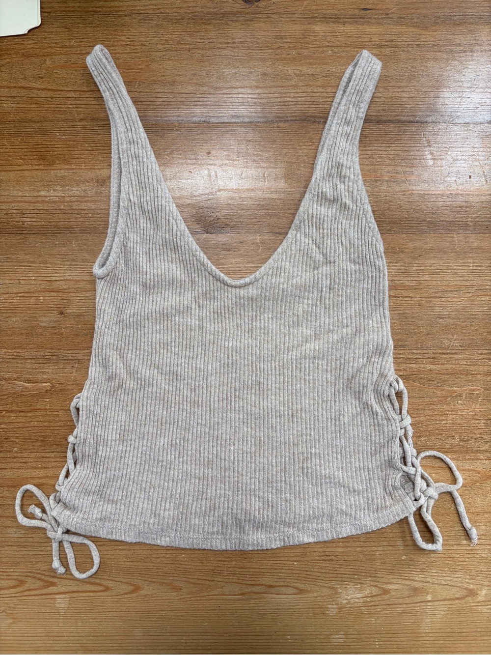 UO Project Social T Ribbed Cropped Fitted Knit Tie-Side Tank Top - Light Beige